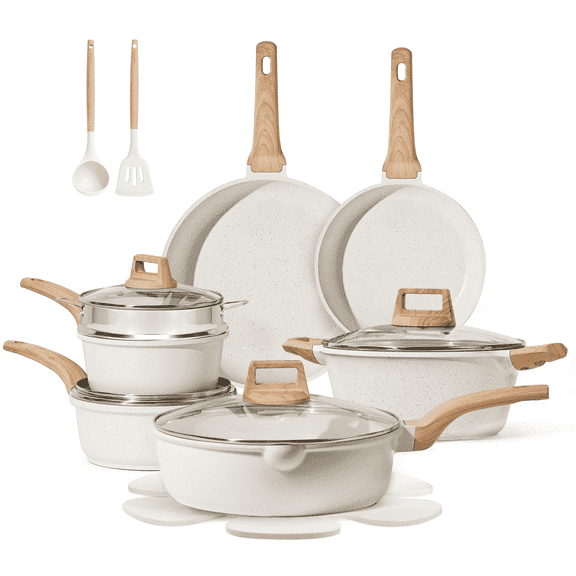 Carote Nonstick Pots and Pans Set, 18 Pcs Granite Kitchen Cookware Sets (White)