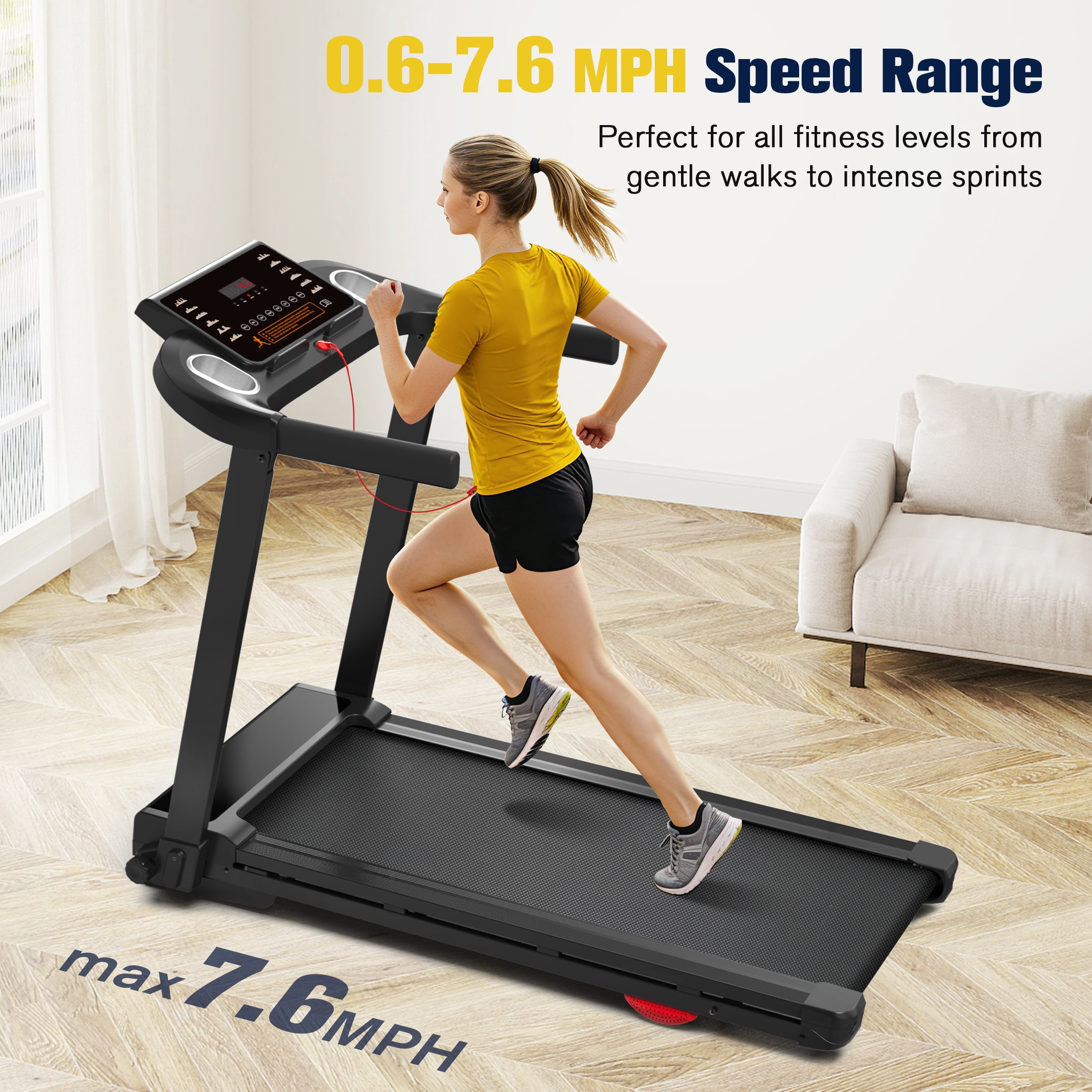 Hapycity Foldable Treadmill with 15% Auto Incline - 300 lb Capacity 2.5HP 0.6-7.6MPH with Remote & APP for Home Office