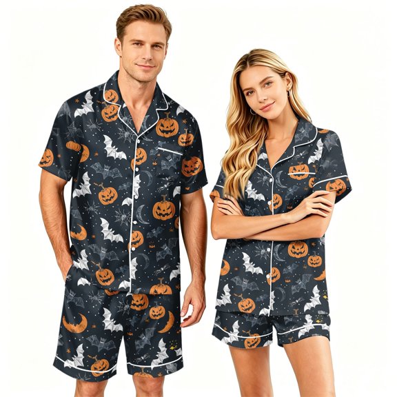 Spooky Pajamas Women Halloween Couple Pajamas Matching Sets Halloween Pajamas Halloween Pj Set Button Up Pajamas Couples Pajamas Matching PJS for Couples His Hers Jammies Wife Husband, Black, L
