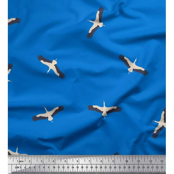 Soimoi Blue Cotton Duck Fabric Flying Stork Bird Printed Fabric 1 Yard 42 Inch Wide