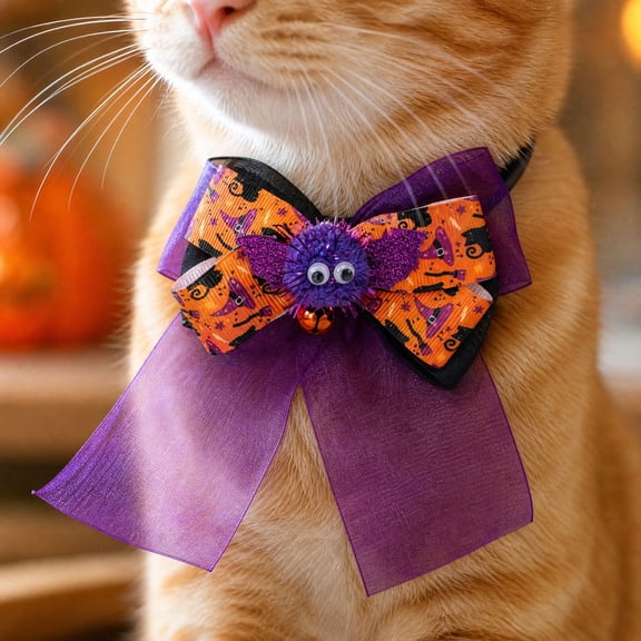 Halloween Cat Collar with Purple Ribbon Bow Tie and Bat Decoration, Adjustable Elastic Strap, for Small Dogs and Kittens, Holiday Accessory