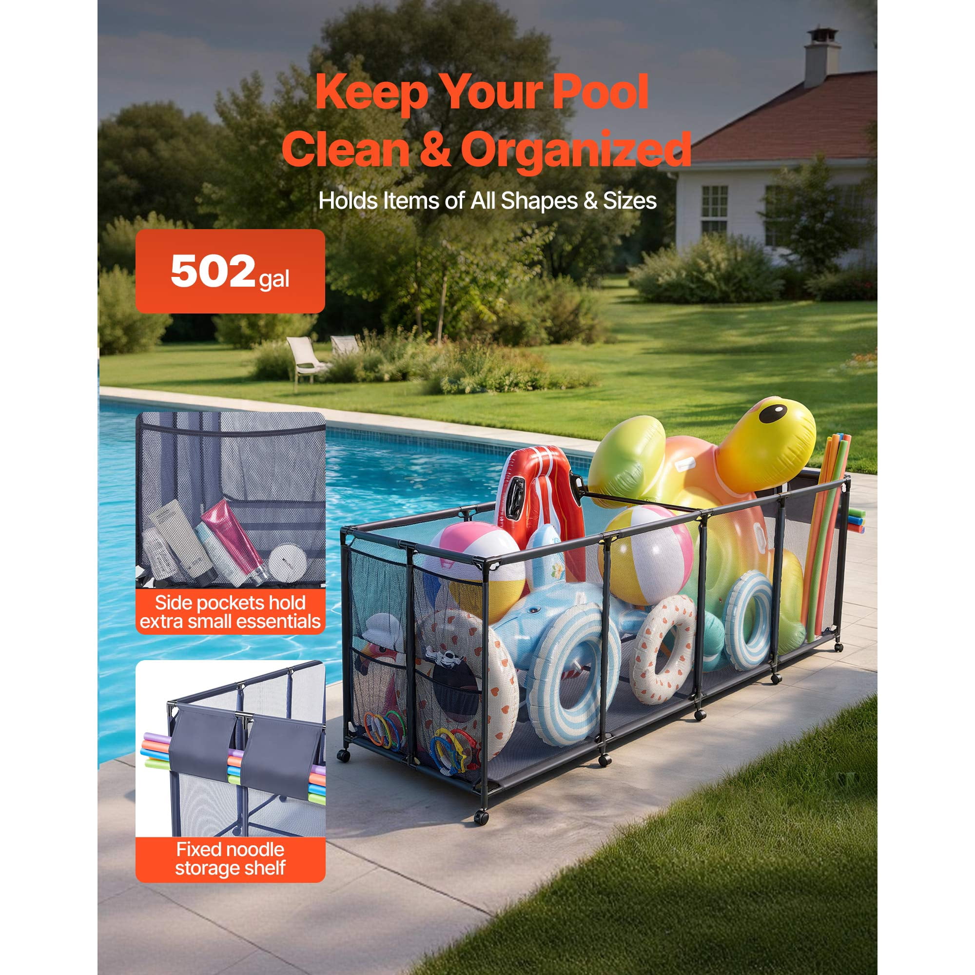 KFFKFF Rolling Pool Storage Bin, 103 x 32 x 35 in, Organizer with Side Pockets & Noodles Holder, Sturdy Metal Frame, Breathable Mesh Basket for Poolside Toys and Swimming Accessories