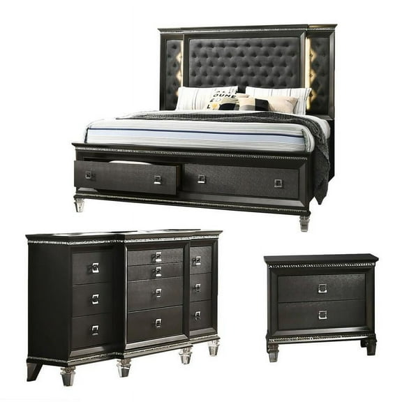 Lavish 3 Piece Gray Bedroom Set with Light up Headboard in Queen Size