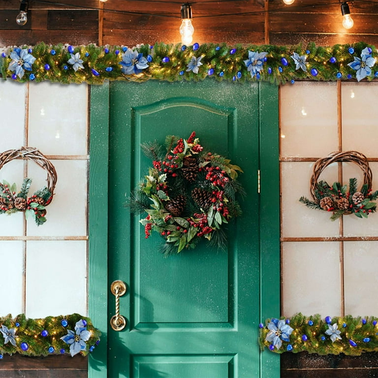 Pre-Lit Christmas Garland 8.8ft – Rattan Artificial Vine With Flowers, Battery-Operated (Blue)