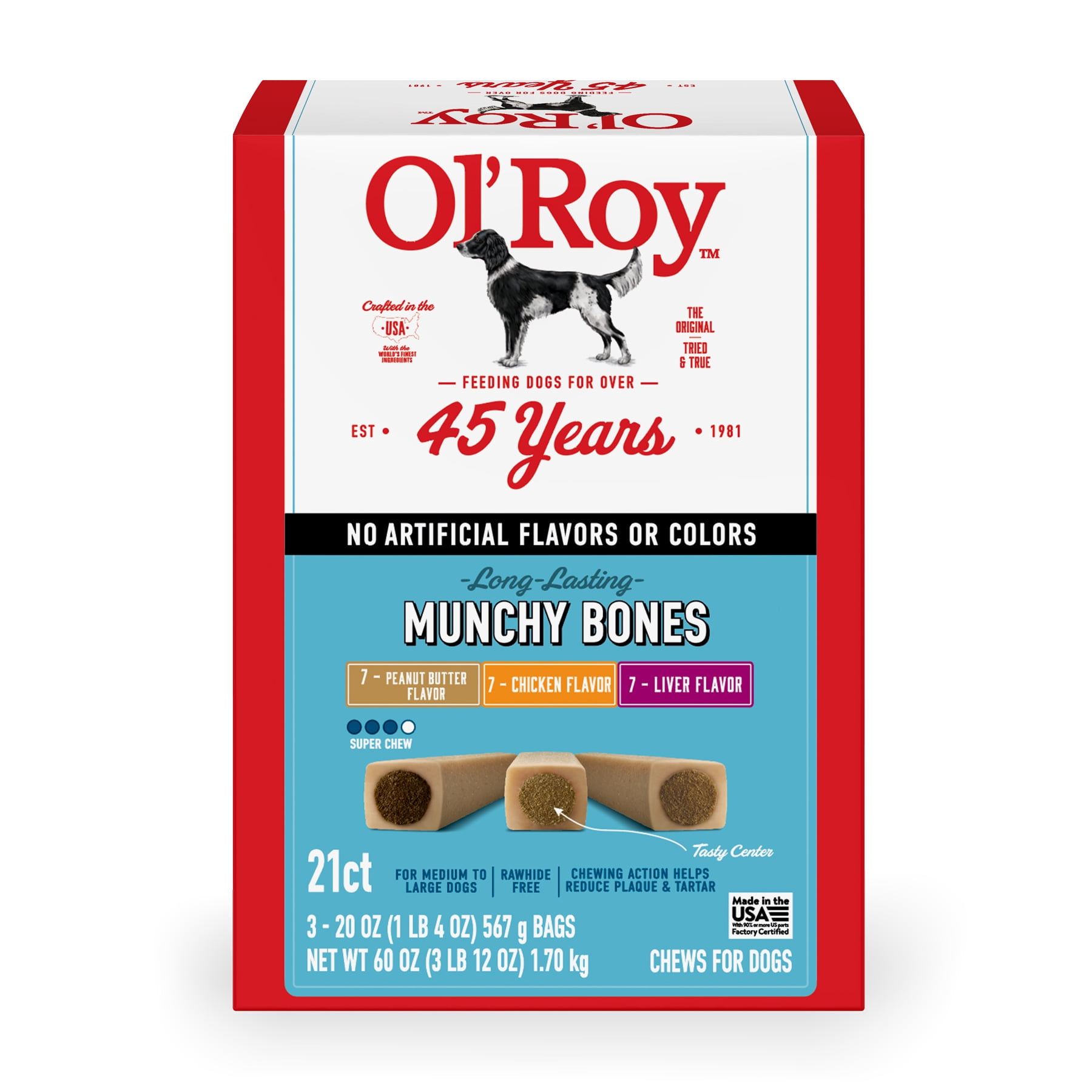 (4 pack) Ol' Roy Munchy Bone Dog Treats, Variety Pack, 60 oz, 21 Count