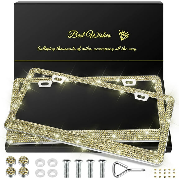 2 Pack Bling License Plate Frames for Women, Sparkly Rhinestone Diamond Car Accessories with Glitter Crystal Caps (Gold)