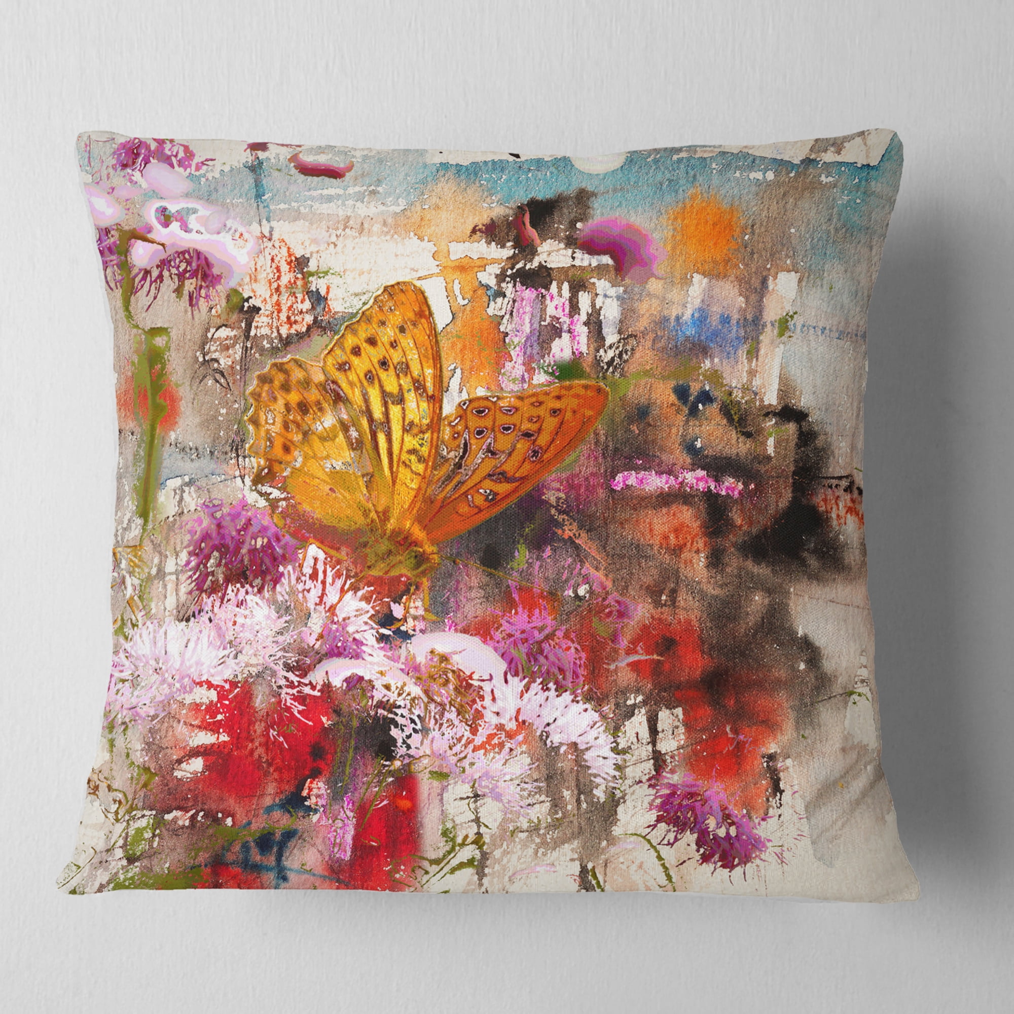 Designart Butterfly Drinking Honey - Floral Throw Pillow - 18x18