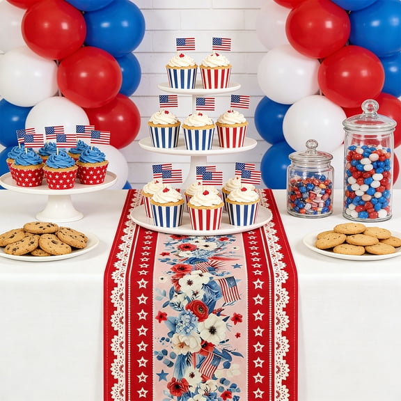 Memorial Day Savings! FEOLGEHLY 4th of July Table Runner, 13x72 inch Red White Blue Stars Stripe Flower Patriotic Themed Table Runner, Kitchen Dining Table Decoration for Independence Day, Red