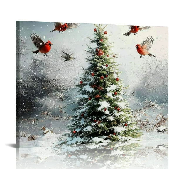 Patifu Christmas Tree Birds Snow Canvas Prints Wall Art Living Room Bedroom Office Decor 20x16in