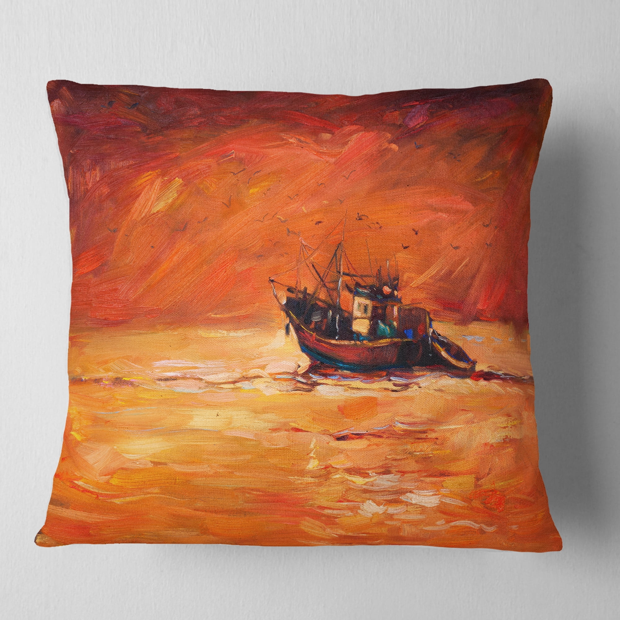 Designart Fishing Boat in Red Hue - Seascape Throw Pillow - 18x18