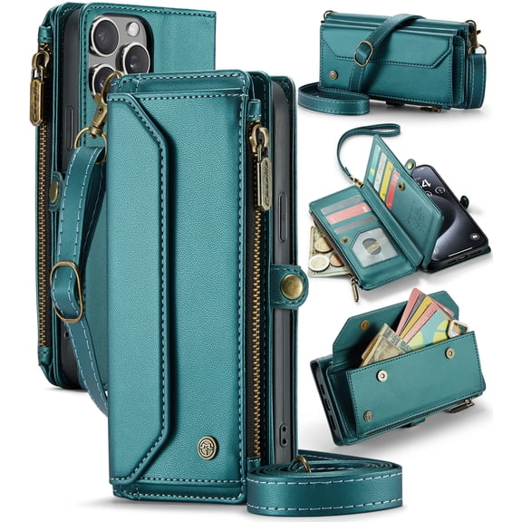For iPhone 15 Pro Max Crossbody Wallet Case with Card Slots Zipper Pocket,PU Leather Magnetic Flip Folio Wristlet Shoulder Strap 3-in-1 Crossbody Phone Case Wallet for Women Men,Green