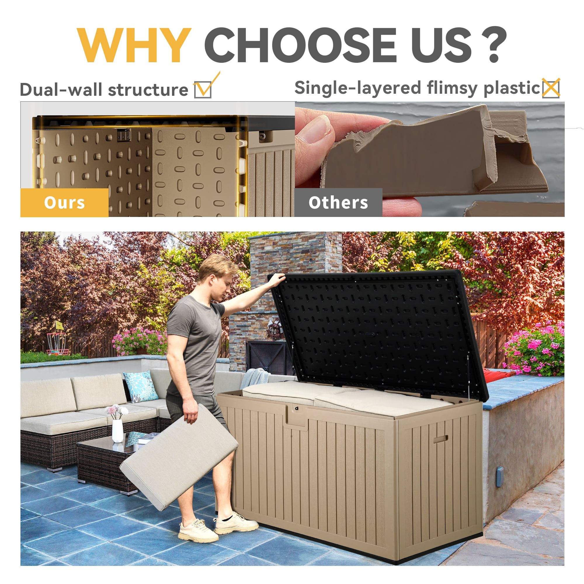 Dextrus Outdoor Waterproof 230 Gallon Resin Deck Box, Black & Brown