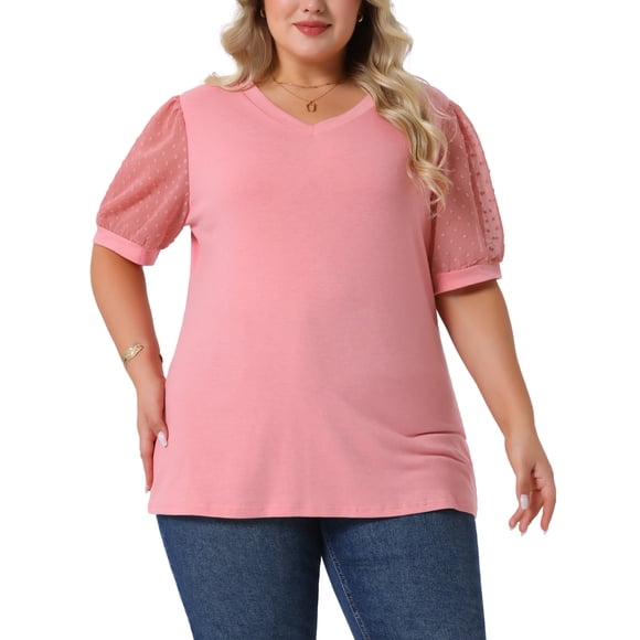 Blusas casuales de manga abullonada de puntos suizos de talla grande para mujer Agnes Orinda, escote en V, 2X, rosa