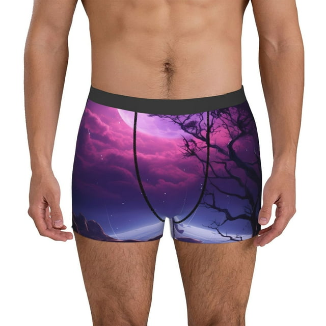 Balery Purple Moon Tree Night Sky Calzoncillos bóxer para hombre, ropa interior de algodón suave y transpirable con cinturilla de nailon-Small
