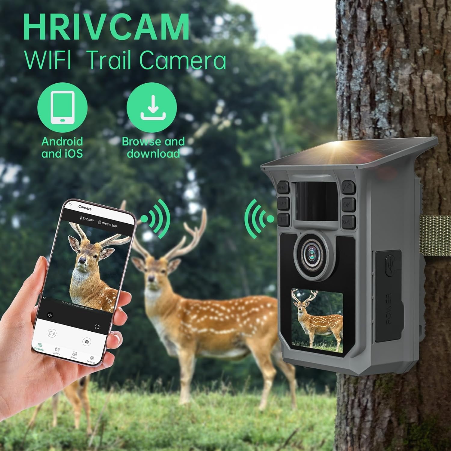 WiFi Trail Camera 4K 64MP Solar Game Camera with 5000mAh Battery, 64GB Memory Card, IP67 Waterproof Night Vision Trail Cam for Wildlife Monitoring with 2-Inch Screen