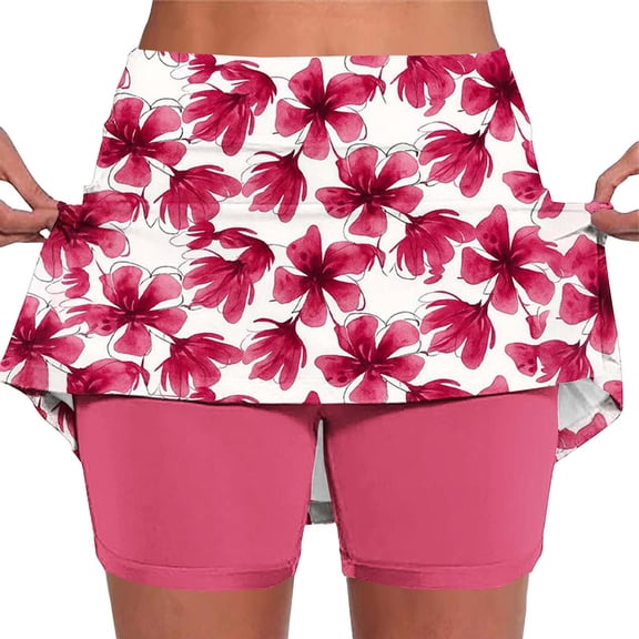 Lcziwo Skirts for Women Fitted Boho Floral Print High Waist Fitted Skorts Casual Summer Tennis Golf Skirts with Pockets Hot Pink,S