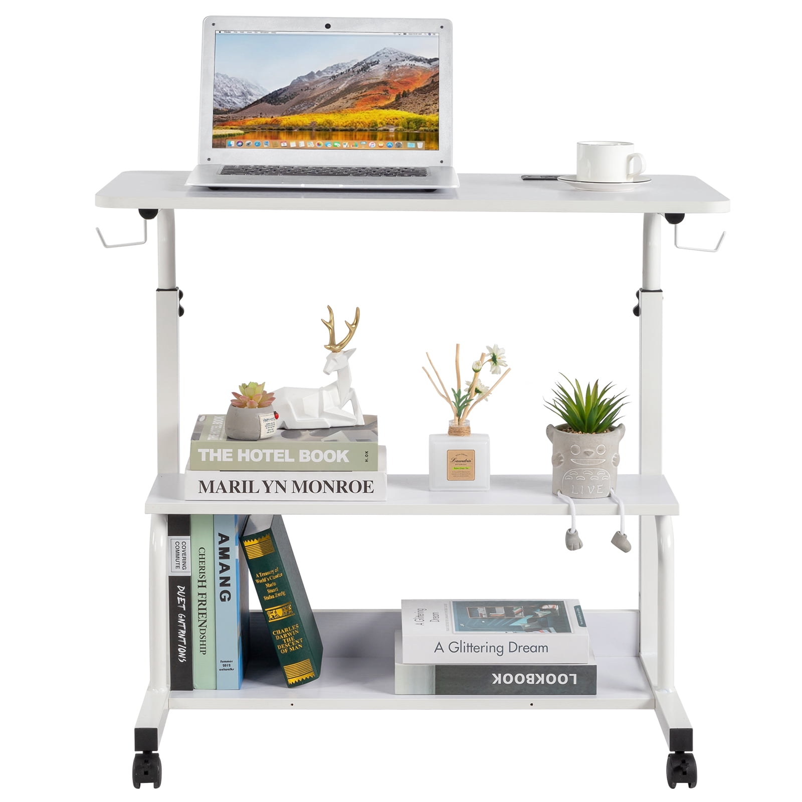 Height Adjustable Computer Desk with USB Ports & AC Outlets, White Wood Grain Ergonomic Study Writing Desk for Home Office Student Bedroom