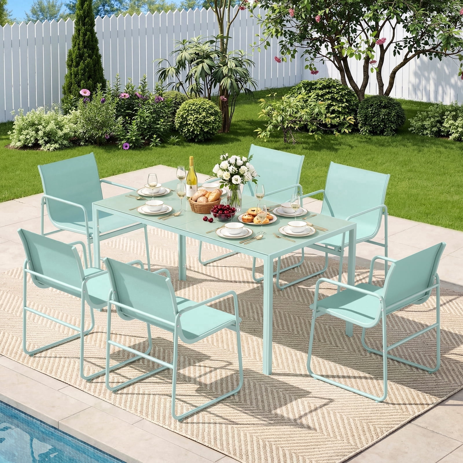 Vitarpatio 7 Piece Outdoor Patio Dining Set with 6 Textilene Chairs and Glass Rectangular Table, Modern Outdoor Furniture Set Patio Table and Chairs Set for 6 Persons, Mint Green