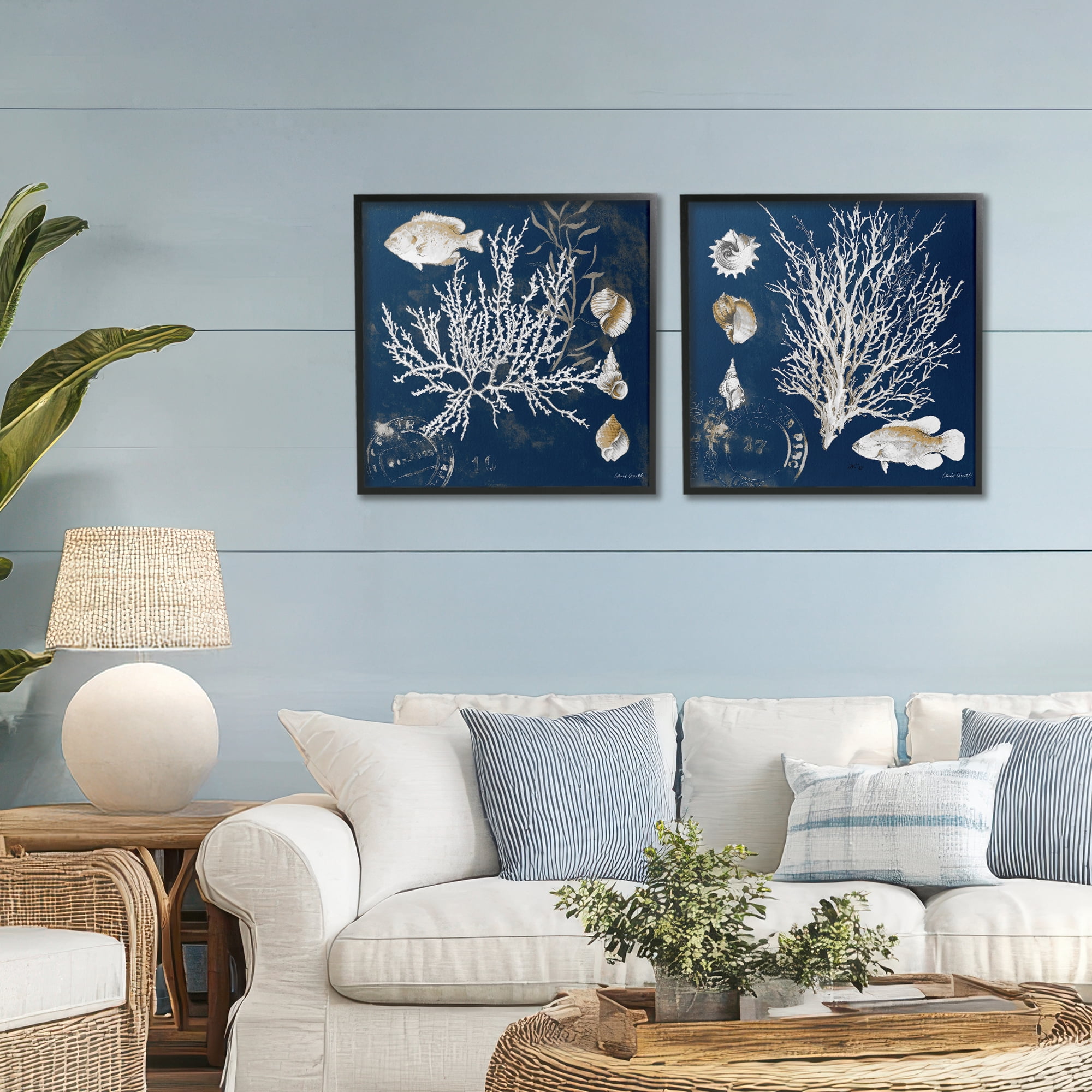 Stupell Industries Navy Coral Medley 2 Piece Black Framed Giclee Art Set, design by Lanie Loreth