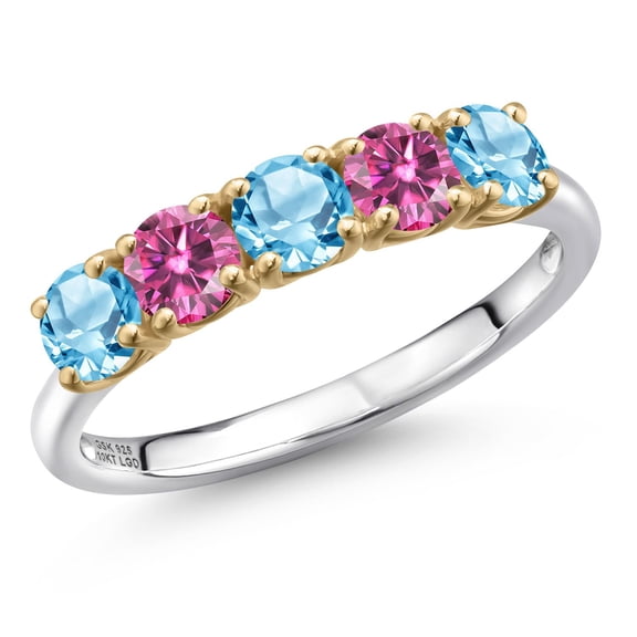 Gem Stone King 925 Silver and 10K Yellow Gold Swiss Blue Topaz and Pink Moissanite Wedding-Bands Ring for Women | 1.53 Cttw | Round 4MM | Gemstone November Birthstone | Size 6