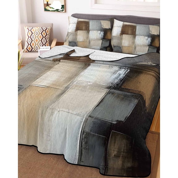 Gray Brown Queen Size Down Alternative Comforter, Lightweight Comforter Quilt Bedding Set with Pillow Shams Abstract Oil Painting Color Blocks All Seasons Bed Comforter Duvet Insert 90"x96"