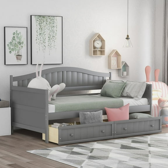 Llinc Store Twin Size Wooden Daybed with 2 drawers, Sofa Bed for Bedroom Living Room, No Box Spring Needed, Gray
