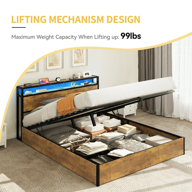 Dextrus King Size Lift Storage Bed Space Saving Design with LED Lit Modernity Lift Storage Bed Frame with Charging Station No Spring Box Needed
