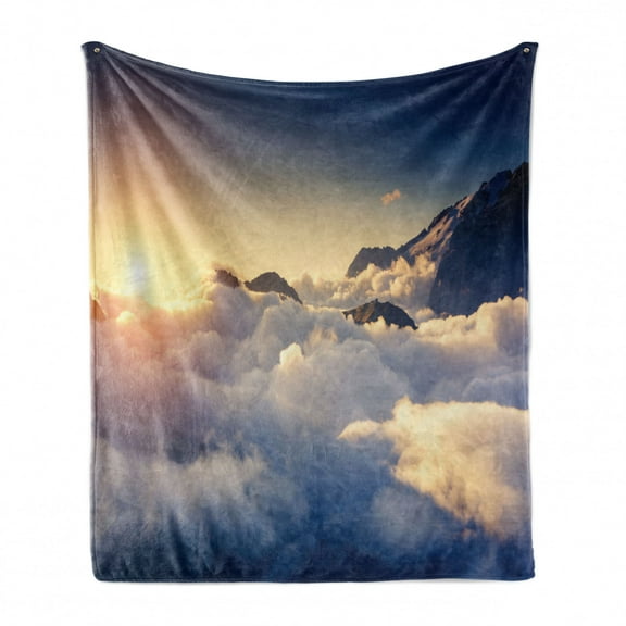 Landscape Soft Flannel Fleece Throw Blanket, Mountain View Climbing Above the Clouds Hobby Scenic Outdoors Twilight Hiking, Cozy Plush for Indoor and Outdoor Use, 70" x 90", Beige Navy, by Ambesonne