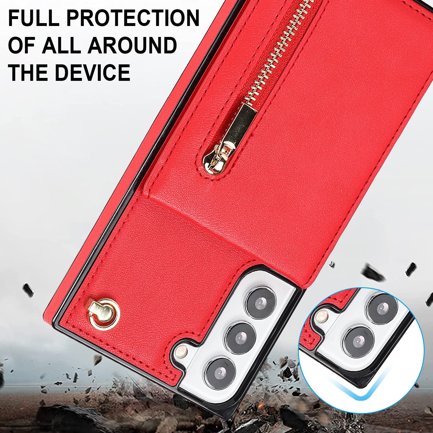 Dteck Flip Leather Wallet Case for Samsung Galaxy S24 Plus, Crossbody Wallet Case with Credit Card Holder Zipper Pocket Lanyard Shoulder Strap, Kickstand Phone Cover for Samsung S24 Plus,Red