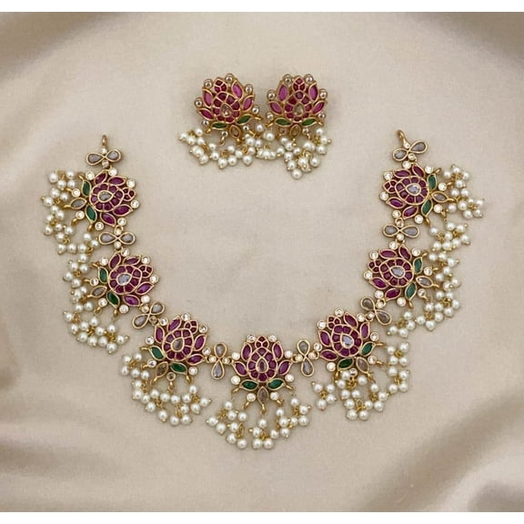 South Indian Bollywood Lotus Kemp Gold-Plated Necklace Set – AD CZ Multicolor Stone & Pearl Matte Finish Brass Jewelry with Matching Earrings