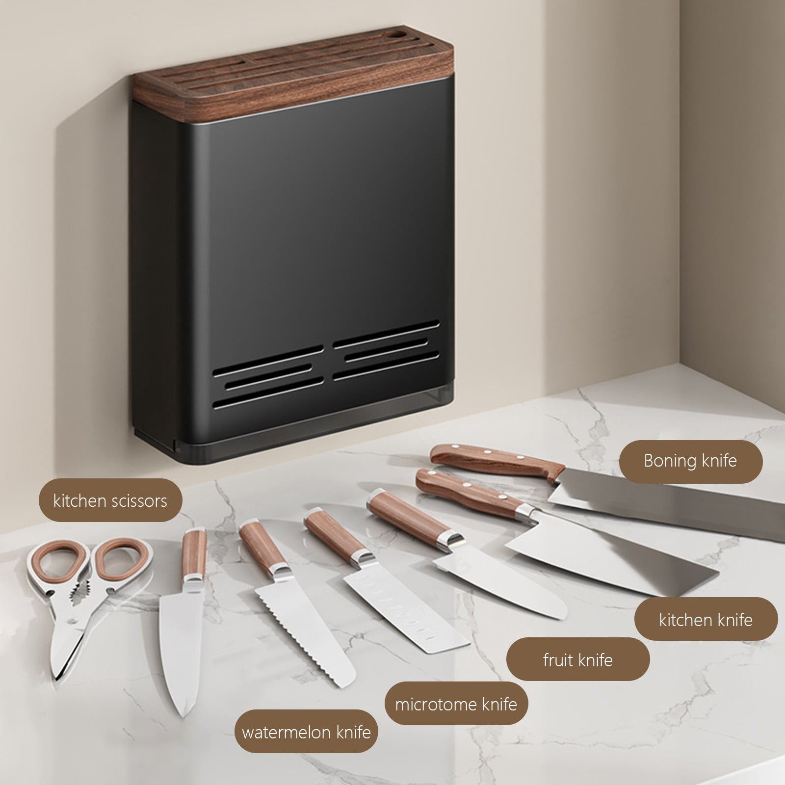 Vacemry Under $5 Wall Mounted Knife Rack, Kitchen Knife Organizer, Slot Style Knife Stand, Walnut Wood and Aluminum Magnetic Holder, Utensil Storage Solution