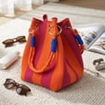 thumbnail image 2 of Striped Bucket Knit Tote Bag,Orange Pink Stripe Bucket Bag with Braided Rope Handles for Beach Vacation Daily Use, 2 of 6
