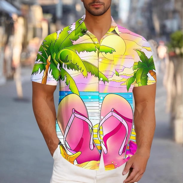 Blusa y camisa de manga corta con cuello vuelto para hombre, blusa informal de moda con cuello vuelto, blusa estampada de manga corta con botones, blusa de poliéster para hombre