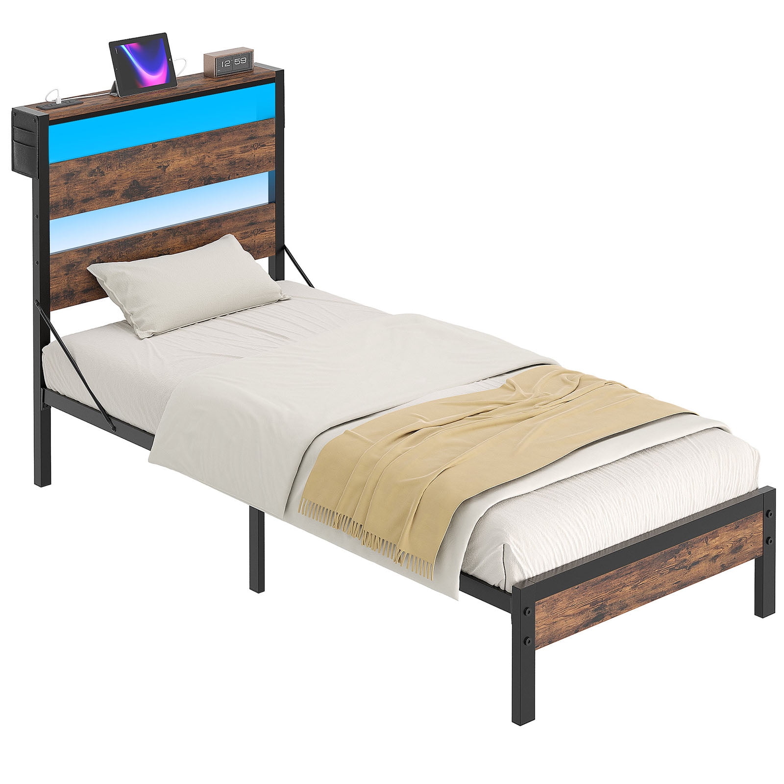 Bestier Twin Size Platform Bed Frame with Storage Headboard, LED Lights & USB Charging Station, Metal Bed Frame Rustic Brown