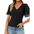 thumbnail image 4 of STARVNC Women V Neck Mesh Splicing Flare Short Sleeve Ribbed T-Shirt, 4 of 7