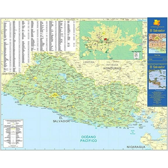 Iconic Arts Laminated 30x24 Poster: Large Detailed Road map of El Salvador. El Salvador Large Detailed Road mapMaps