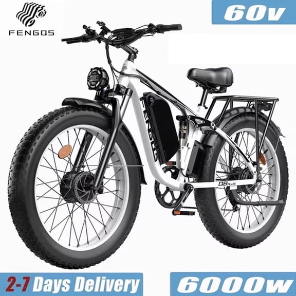 FENGQS 6000W Dual Motor Electric Bike for Adults, Up to 50MPH, 60V 1200Wh Battery, Full Suspension, Hydraulic Disc Brakes-(White)