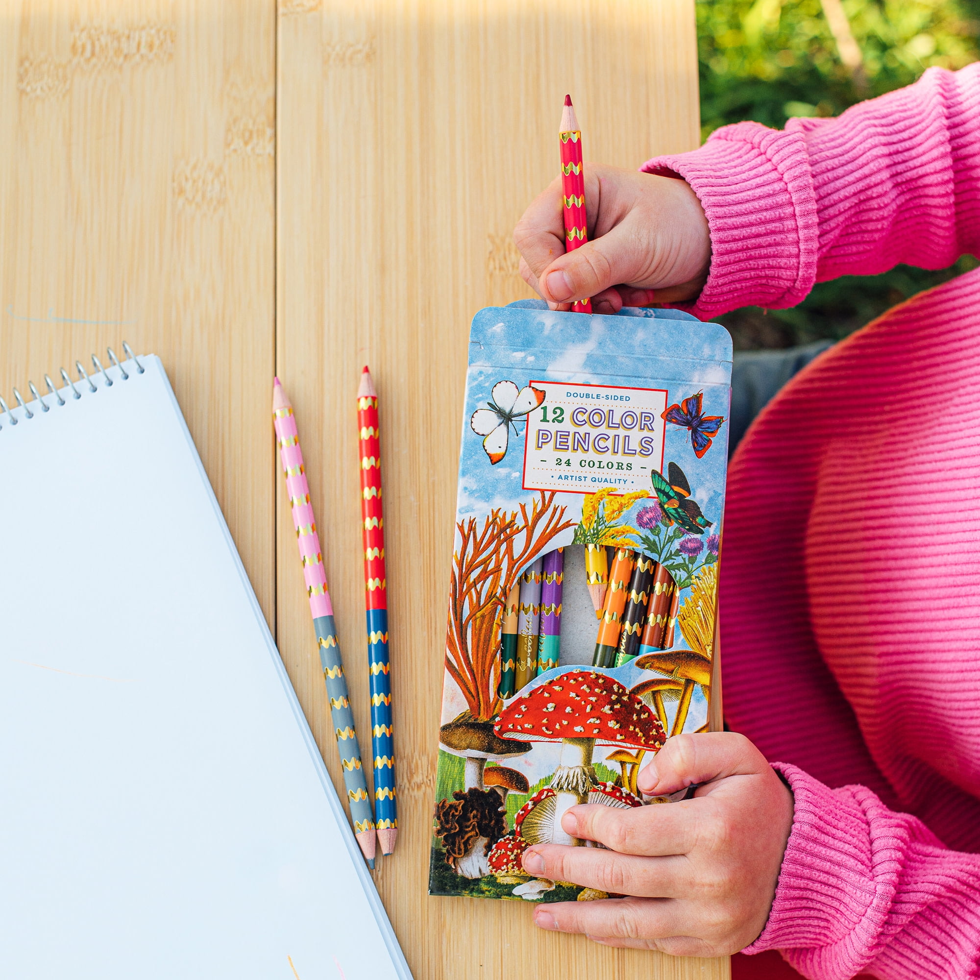 eeBoo: Double-Sided Color Pencils – Mushroom - 12pc Set, 24 Vibrant Metallic & Fluorescent Shades, Silver Foil Barrels, Kids Art & Drawing Supplies