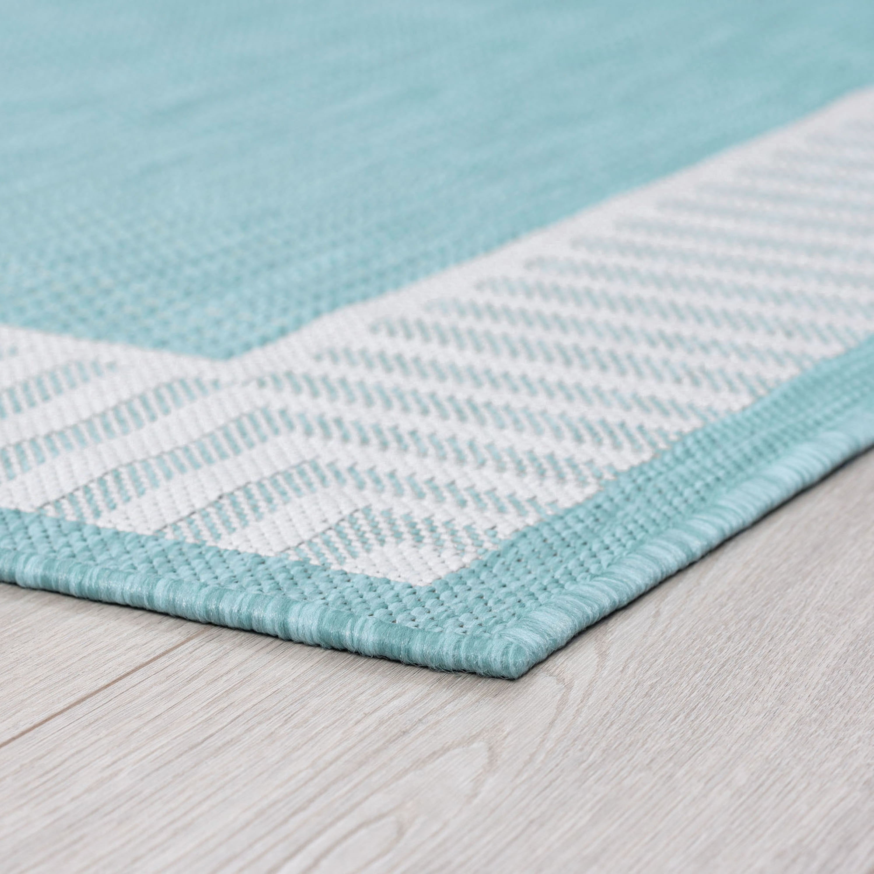 Bliss Rugs Striped Border Indoor Outdoor Rug Low-Profile Floor Mat for Patio, Entrance, Front Door |Aqua, 2' x 3'