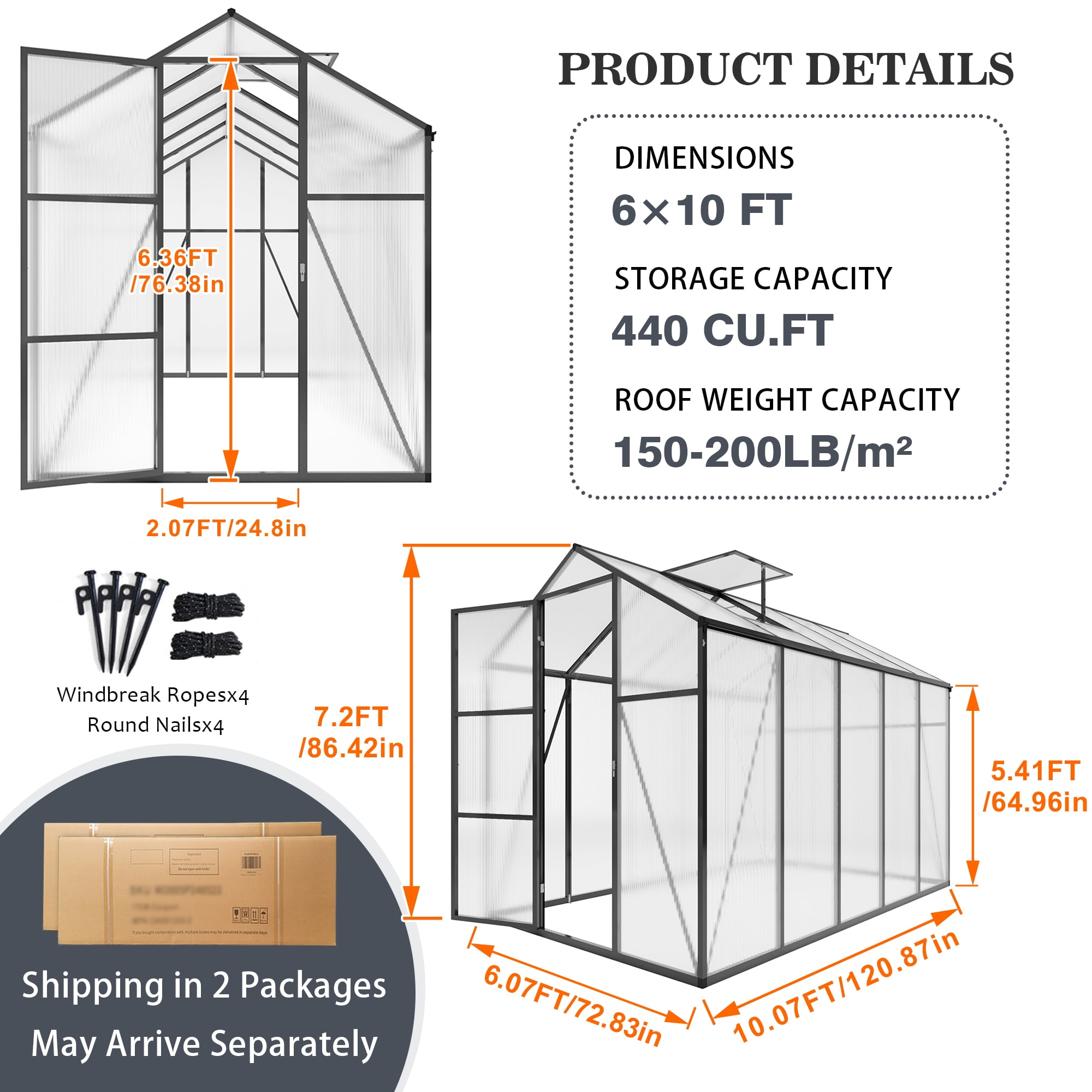Vigo huseeo 6x10FT Extra-Height Version Polycarbonate Greenhouse, Walk-in Outdoor Greenhouse with Aluminum Frame for Backyard, Black