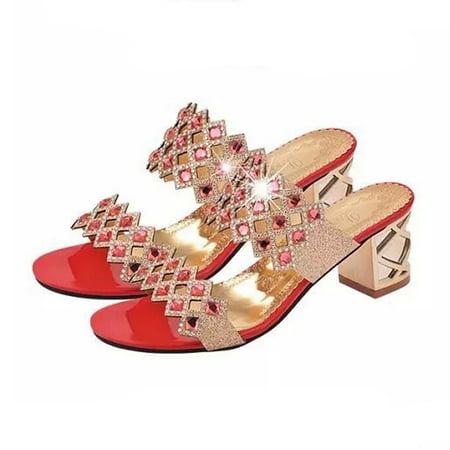 

JINMGG Womens Slippers Plus Clearance Women Summer Fashion Flip Flops High Heel Sandals Girls Rhinestone Shoes Red 41