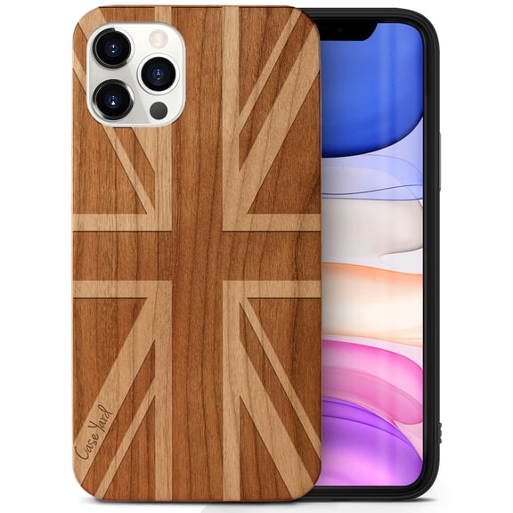 Case Yard Wooden Case Outside Soft TPU Silicone, Slim Fit Shockproof Wood Protective Phone Cover for Girls Boys Men and Women, Supports Wireless Charging Union Jack Design case for iPhone-11-Pro