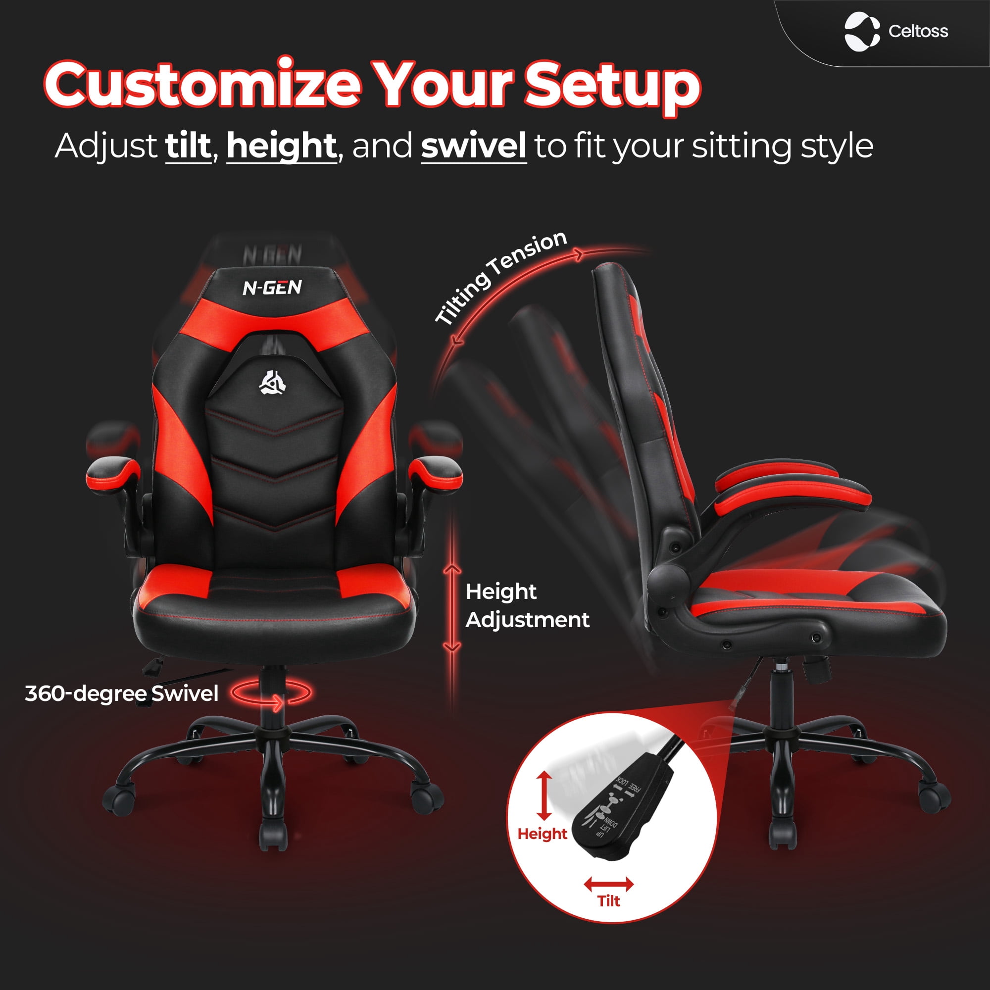 CELTOSS  Red Gaming Chair, Flip-up Armrest Computer Chair Ergonomic Office Chair PU Leather Desk Chair Executive Adjustable Swivel Task Chair