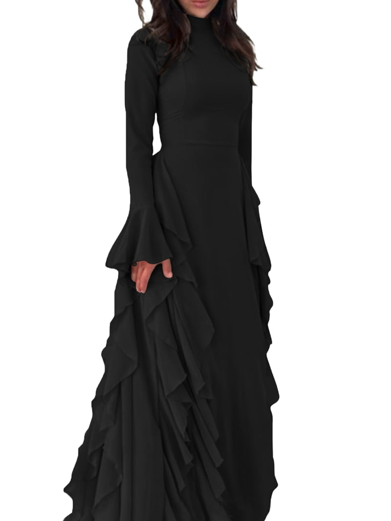 Women'S Bodycon Dresses Elegant Bell Sleeve Ruffle Hem Cocktail Party Long Dress Black XL