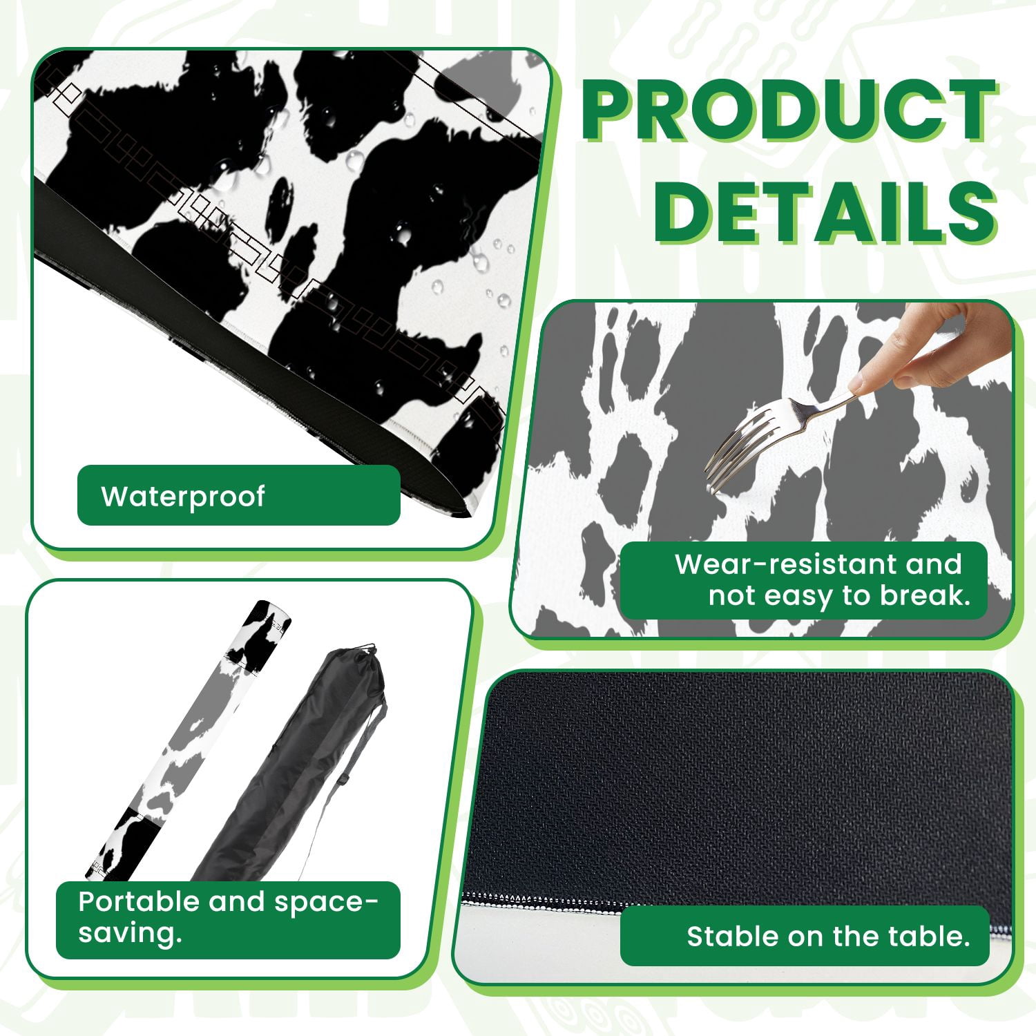 Mahjong Mat 31.5" x 31.5" Cow skin black white spot repeated seamless Animal Non-Slip Noise Reduction American Mahjong Tiles Table Cover for Dominoes Poker Card Board Games Gift
