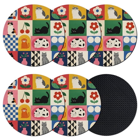 Playful Cat Patchwork Coasters Set of 6 Absorbent Coasters for Drinks Country Modern Vintage Flowers Coaster for Desk Coffee Table Protection Home Decor House Warming Gifts 4