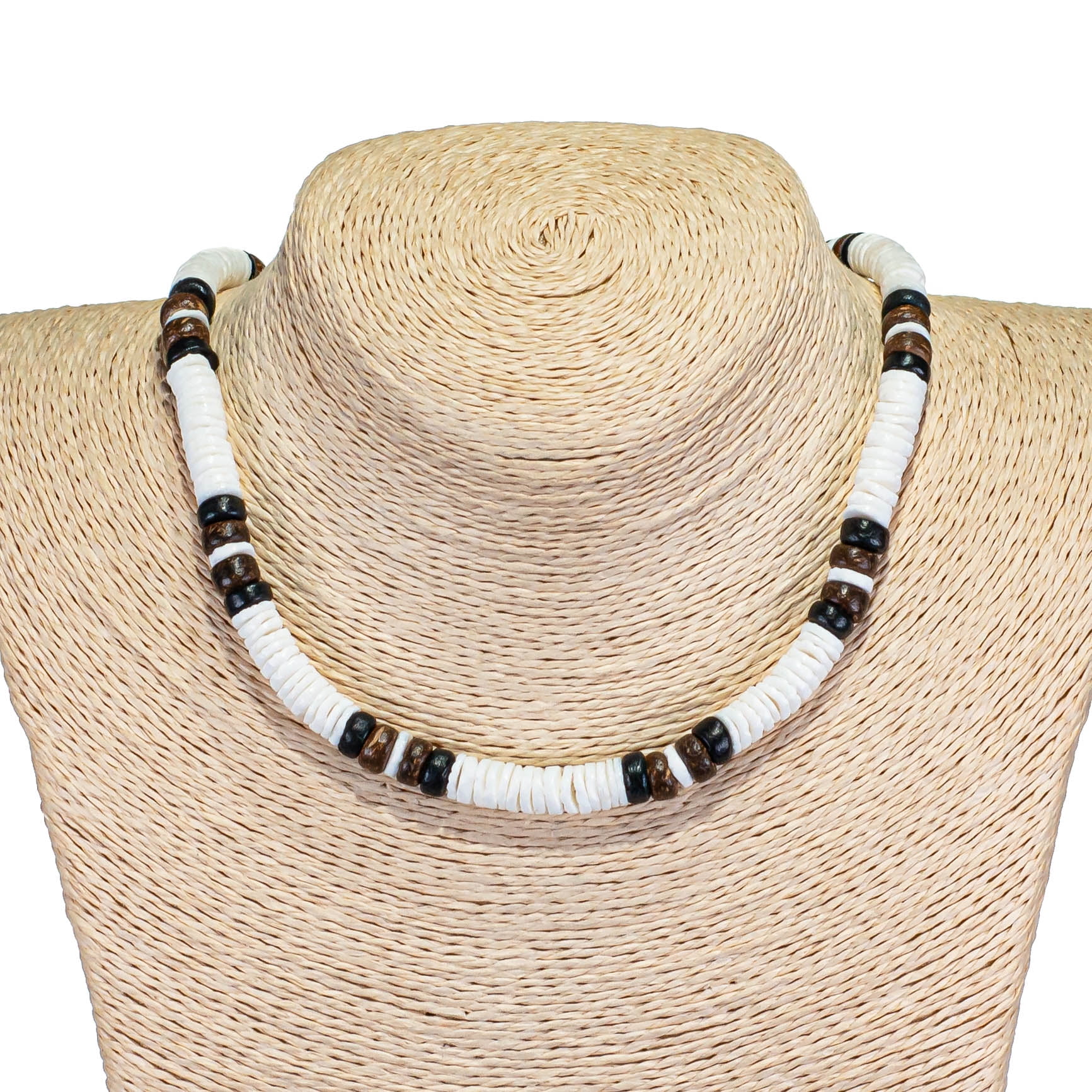 Wood Cross Pendant on Brown Coconut and Puka Shell Beads Necklace