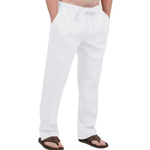 Innerwin Pants Elastic Waist Men Trousers Beach Drawstring Lightweight Long Pant White 4XL
