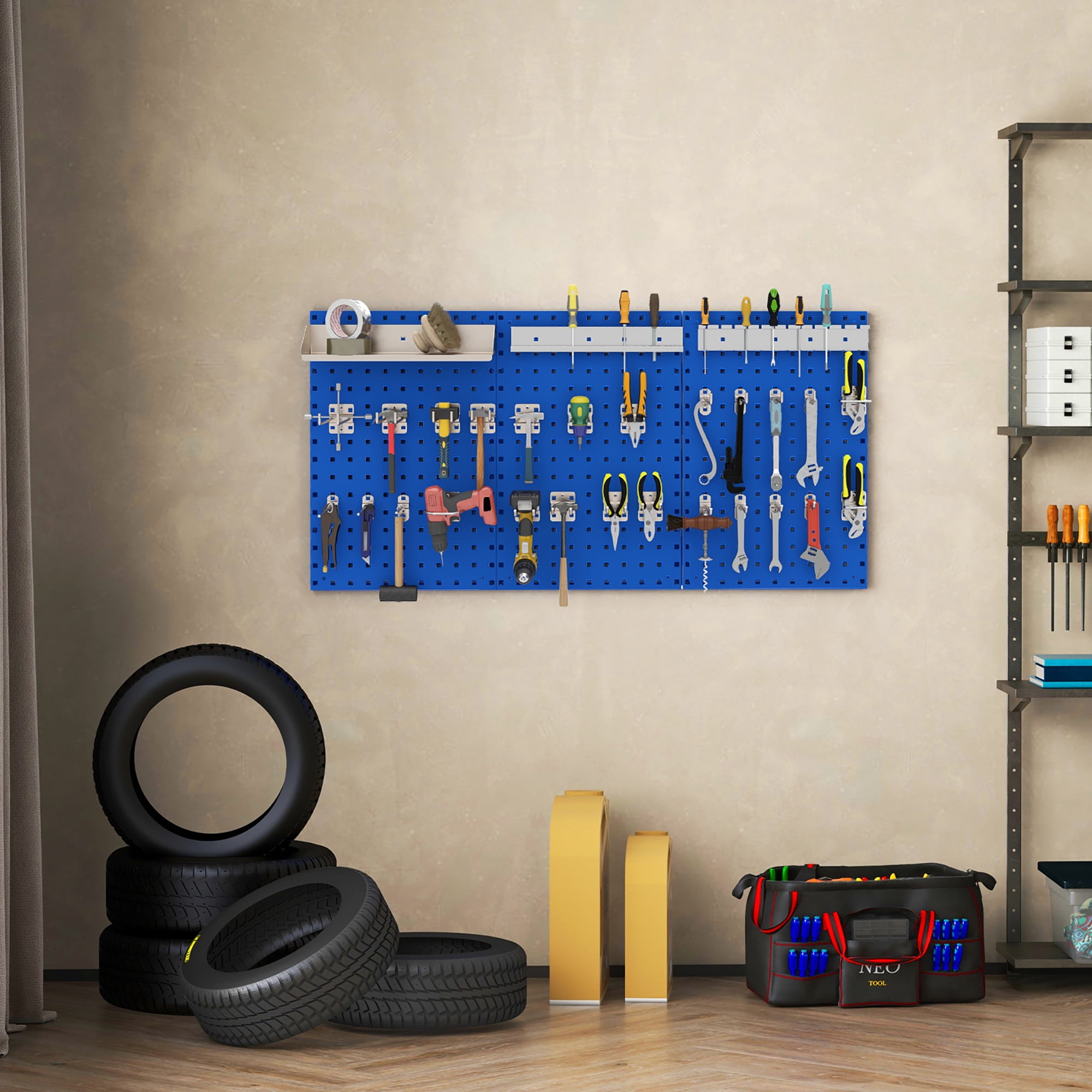 Gymax 3 Pcs Pegboard Wall Organizer w/ 25 Hooks Drill Bit Holder Screwdriver Holder Navy