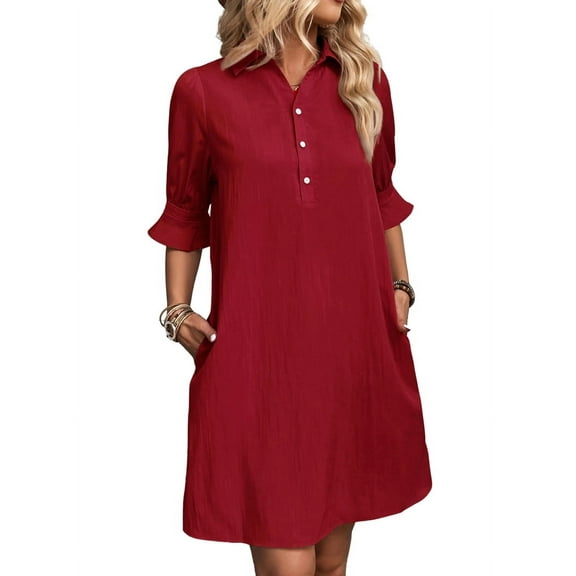 Womens Casual Shirt Dress Ruffle Sleeve Button Down Shift Summer Dresses with Pockets Red S